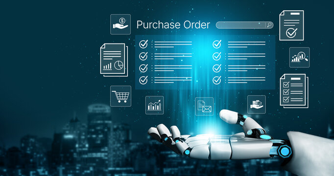 Futuristic Robotic Hand Interacting with Digital Purchase Order System on a Glowing Background in a Modern Cityscape. Bitwise.