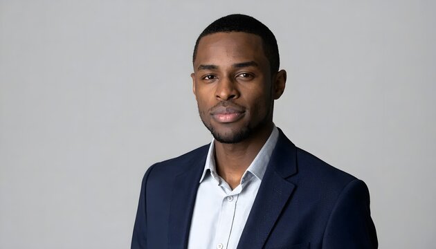Professional African American businessman in a navy suit posing confidently against a neutral grey background