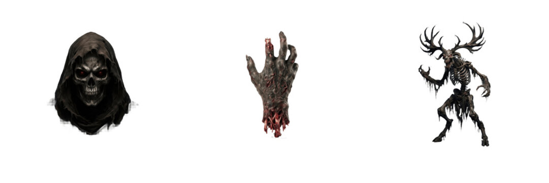 Set dark fantasy and horror elements including a hooded grim reaper skull, a bloody severed zombie hand, and a menacing horned monster creature halloween graphics spooky design assets