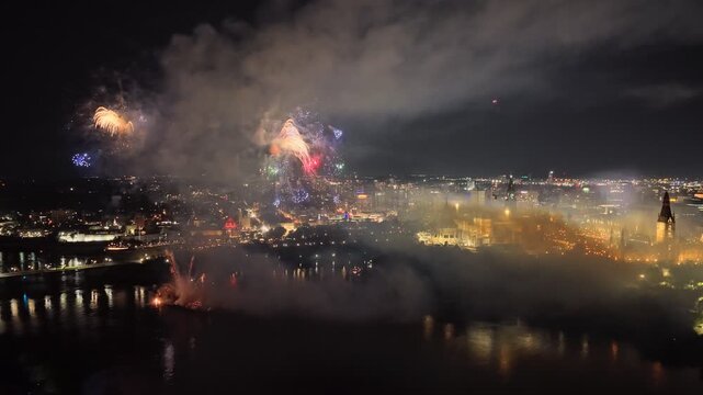 Ottawa, Canada, fireworks over Parliament Hill and the Ottawa River amid heavy smoke, haze and air pollution. g.