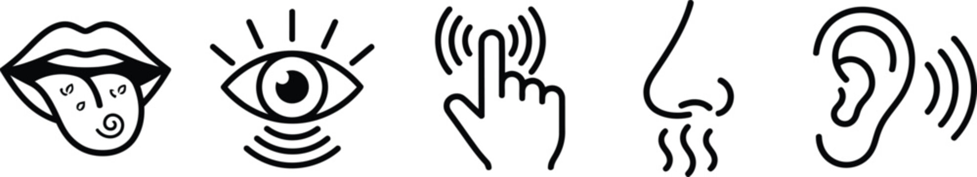Five human senses icons set representing taste sight touch smell hearing with taste icon perception symbols sensory organs body senses sense set perception physiology