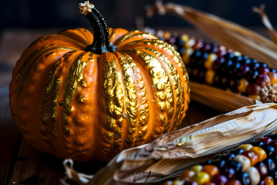 Extreme close-up of the metallic gold painted surface and ribbed texture of a decorative pumpkin.
