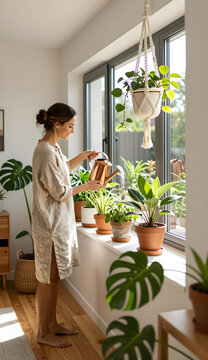 Wide shot of a person watering potted plants on a sunlit window ledge.