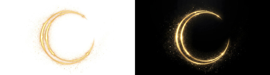 Golden glowing crescent ring with sparkling dust curving on a black background for luxury design in PNG, Transparent and Black Background Versions © Nyxthrasza