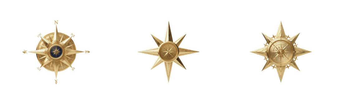 Set ornate gold compass rose emblems, nautical star badges, vintage navigation symbols, golden decorative elements, antique map icons, explorer ornaments