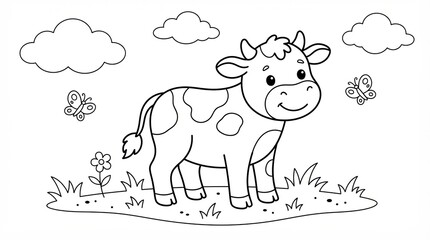 Fototapeta premium Cute little cow standing in a field with butterflies and clouds
