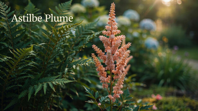 Beautiful pink astilbe flower plume blooming in a lush green summer garden