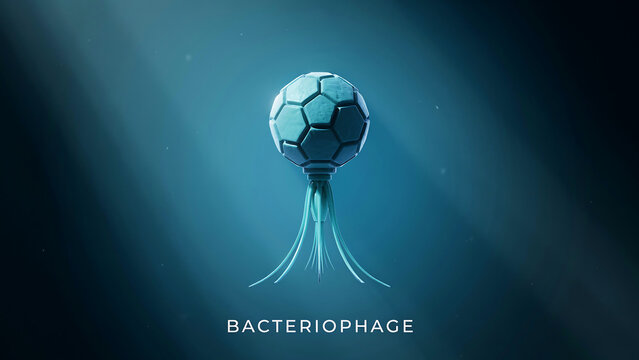 Threedimensional illustration of a microscopic bacteriophage virus attacking bacteria on blue background