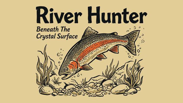Vintage hand drawn rainbow trout fishing illustration with river hunter typography for outdoor adventure merchandise and t-shirt design print and apparel