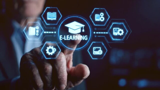 Male hand touches glowing digital graduation cap and e-learning icon on futuristic interface, representing online education and knowledge sharing.
