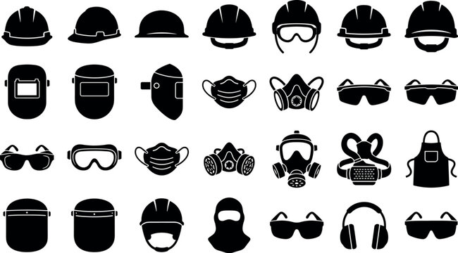 Personal protective equipment set featuring safety gear for industrial construction and hazardous work environments in black silhouette style