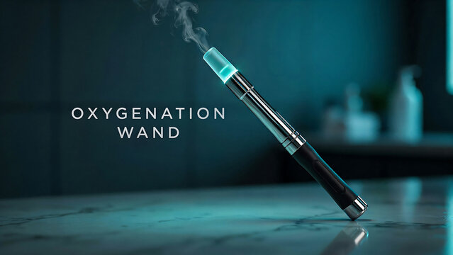 Modern electronic oxygenation wand device emitting light and vapor on a countertop