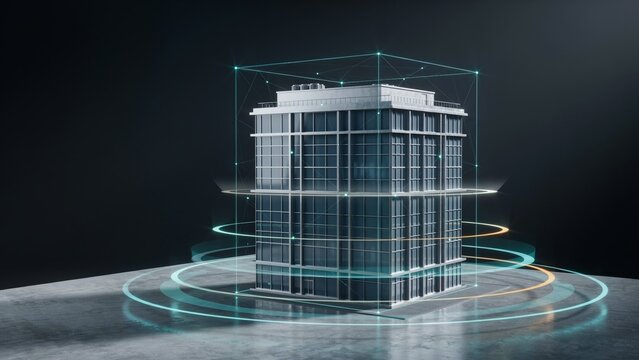 Digital Twin Smart Commercial Building Enclosed in Wireframe Bounding Box with Concentric Radar Rings
