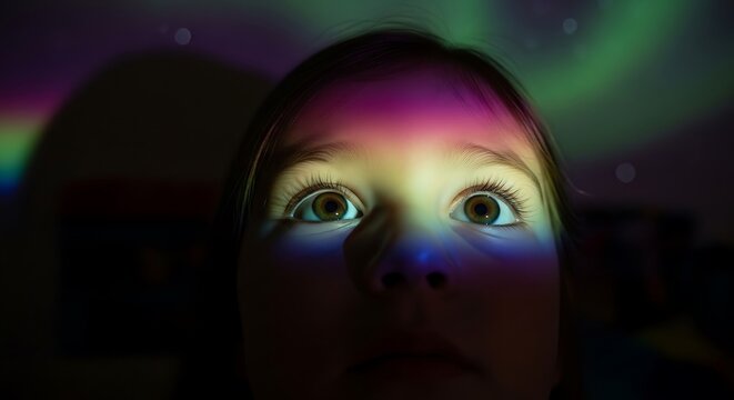 Young child's wide, curious eyes reflecting colorful projected light like aurora borealis