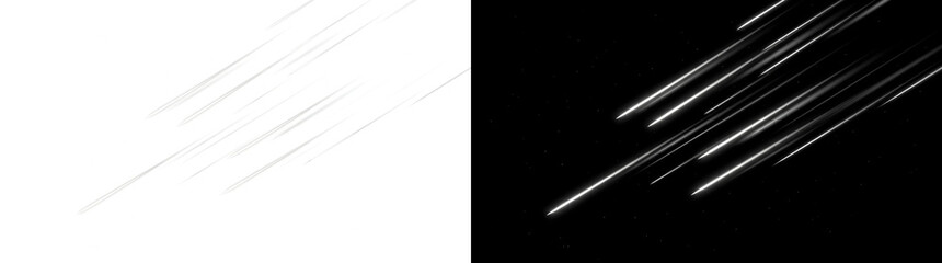 Meteor shower of falling light streaks across a dark starry night sky for astronomy design in PNG, Transparent and Black Background Versions © Nyxthrasza