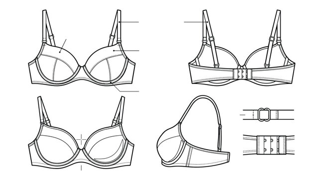 Women Bra Technical Fashion Illustration Vector Set Featuring Front, Back, Side Views with Adjustable Straps, Underwire Contours, and Hook Eye Closure Details