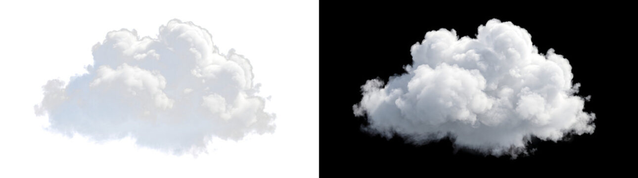 Single fluffy white cloud floating realistically on a black background for weather sky design in PNG, Transparent and Black Background Versions