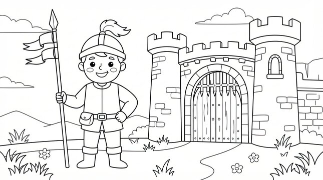 Little knight boy with a flag standing in front of a castle gate
