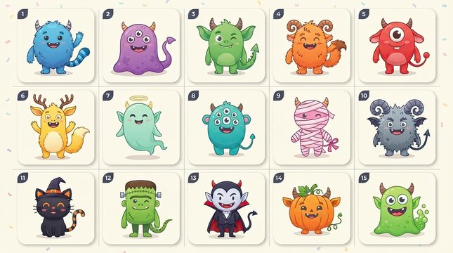 Set of cute colorful cartoon monsters and halloween characters icons
