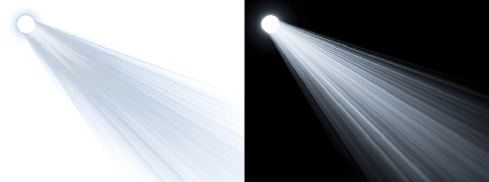 Spotlight beam shining bright light rays diagonally on a black background for dramatic design in PNG, Transparent and Black Background Versions