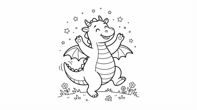 Cute little dragon character dancing happily in a meadow for kids
