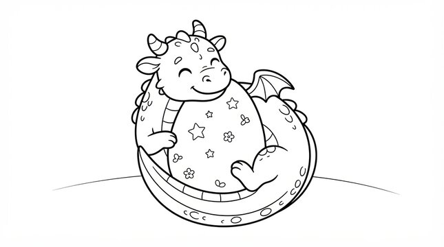 Cute little baby dragon hugging a star pattern egg for coloring page