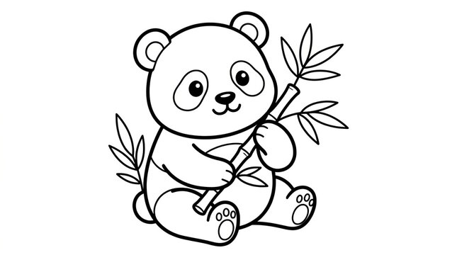 Cute cartoon panda bear holding bamboo stick for coloring page