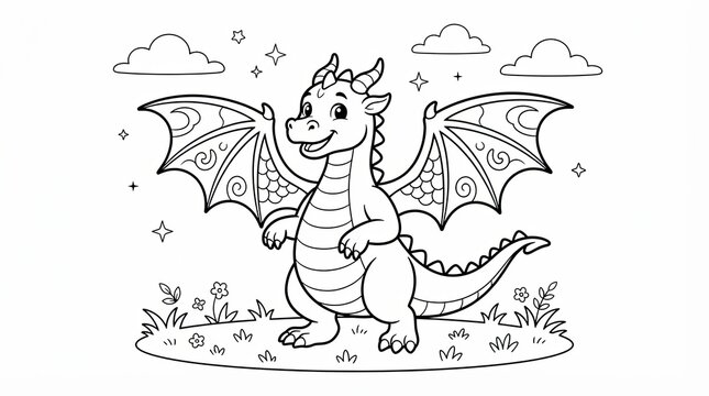 Cute little dragon character standing in a grassy field line art