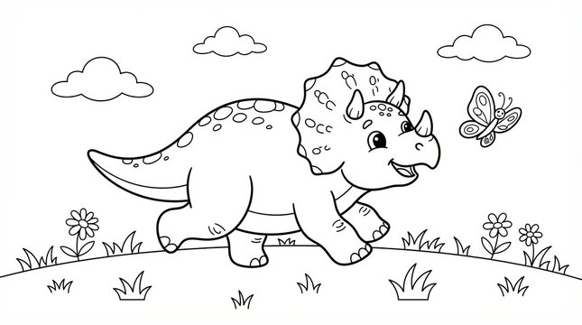 Cute cartoon triceratops dinosaur walking in a field with a butterfly
