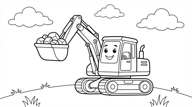 Cute cartoon excavator truck for kids to color on white background