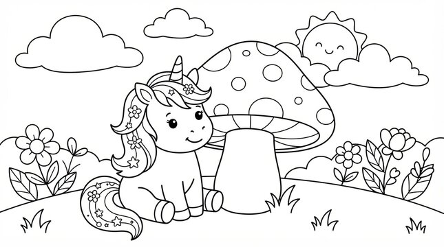 Cute cartoon unicorn sitting next to a big mushroom in a sunny garden