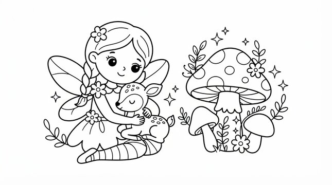 Cute fairy girl hugging a baby deer with mushrooms coloring page art