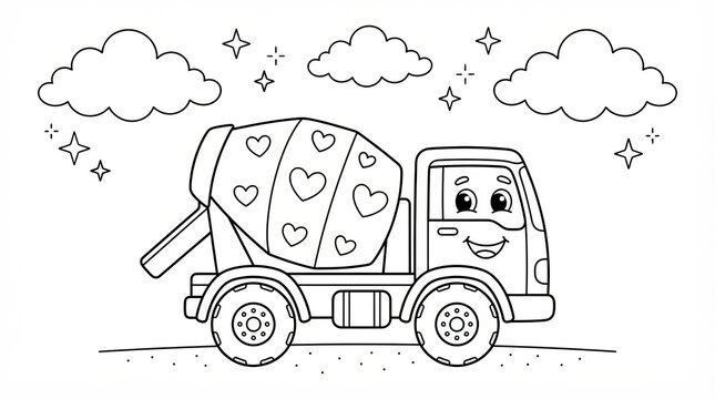 Cute cartoon cement mixer truck with hearts for kids coloring page