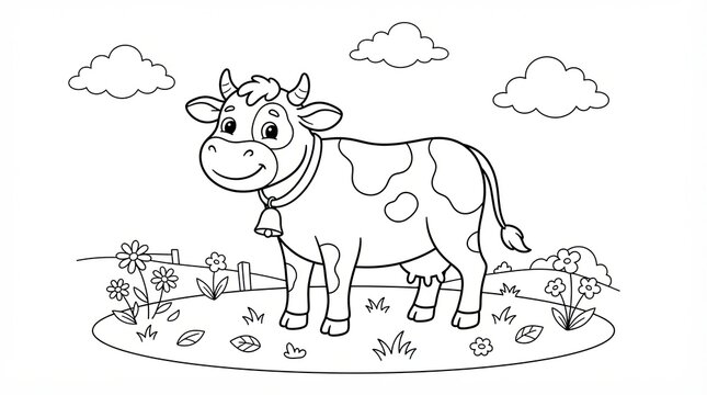 Cute cartoon cow standing in a meadow for kids coloring page