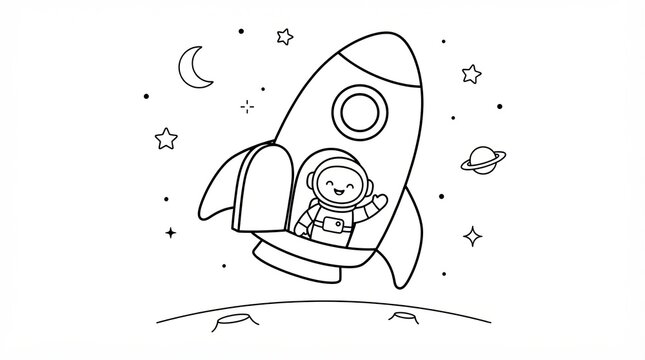 Cute cartoon astronaut waving from a space rocket coloring page