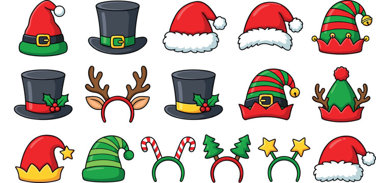 Christmas party hat vector icon set with Santa hats top hats elf ears reindeer antlers headband props for winter holiday celebrations