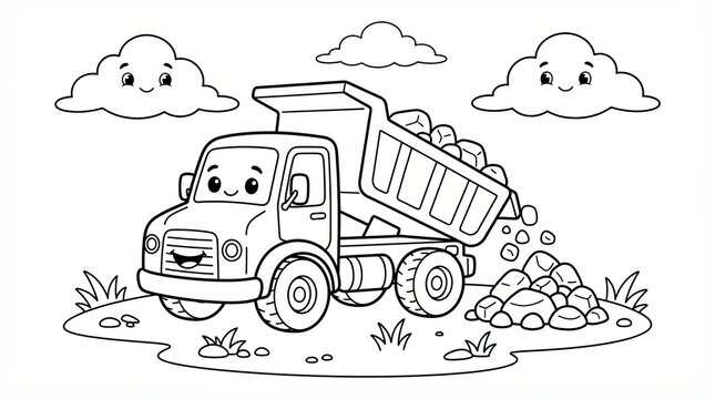 Cute Cartoon Dump Truck Carrying Rocks Coloring Page for Kids