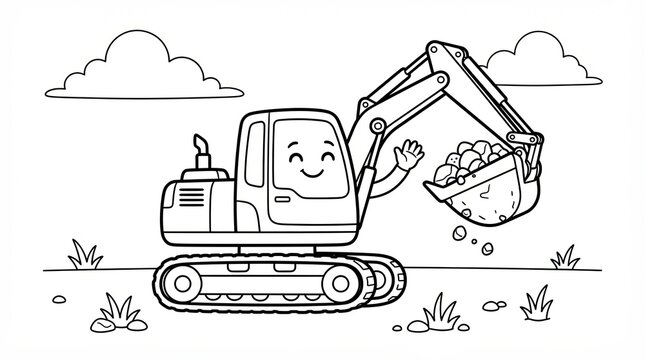 Cute cartoon excavator digging with rocks in a bucket coloring page