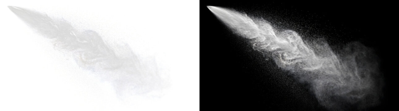 White smoke powder explosion trail streaking diagonally for dust effect design in PNG, Transparent and Black Background Versions