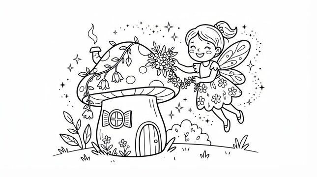 Cute fairy flying near a magical mushroom house for coloring book page