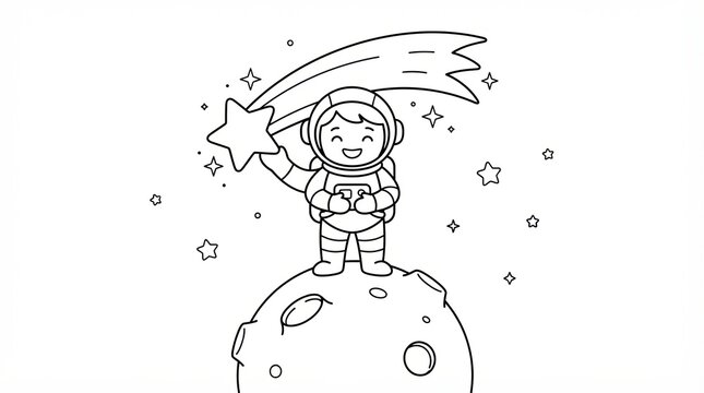 Cute astronaut standing on the moon holding a shooting star