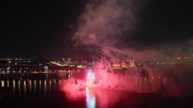 Ottawa, Canada, fireworks over Parliament Hill and the Ottawa River amid heavy smoke, haze and air pollution. g.