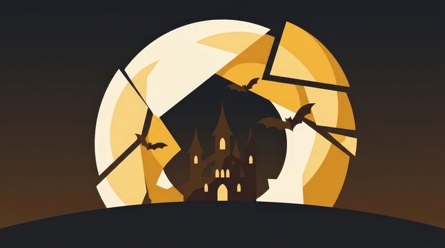 A dark silhouette of a scary monster standing in front of a giant cracked glowing yellow moon at night time