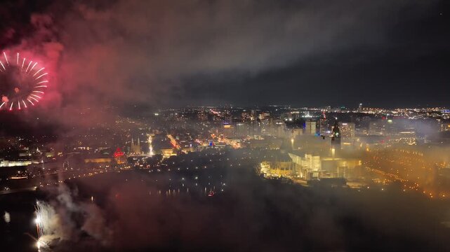 Ottawa, Canada, fireworks over Parliament Hill and the Ottawa River amid heavy smoke, haze and air pollution. g.