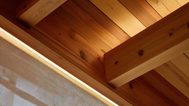 Luxury Tiny House Close-up of rustic wooden ceiling beams and textured fabric wall, showcasing natural wood grain and warm tones in interior design.