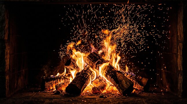 Fireplace fire transparent wood logs burning with glowing sparks