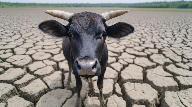 A black cow stands on cracked, dry earth, highlighting the harsh impact of drought and climate change on livestock and the environment.