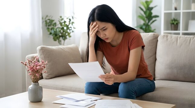 Stressed Young Asian Woman Holding Utility Bill and Feeling Headache Sitting on Sofa at Home