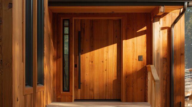 Luxury Tiny House Modern wooden front door with vertical panels and glass inserts, illuminated by sunlight casting sharp shadows.