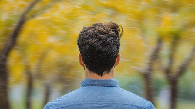 A man with brown hair stands outdoors, facing away, surrounded by yellow-blurred autumn trees.